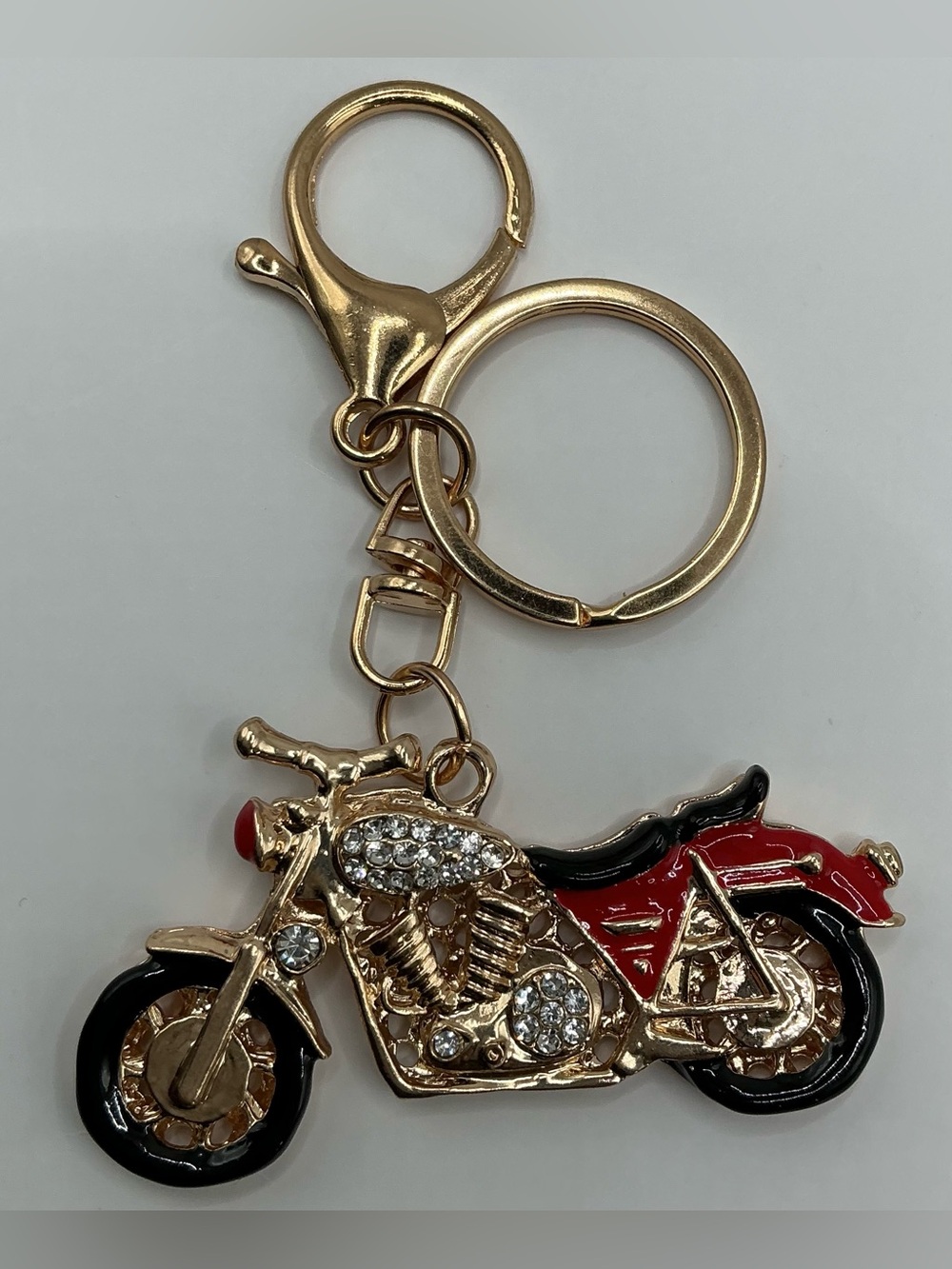 GOLD TONE RED ENAMEL RHINESTONE MOTORCYCLE BAG CHARM KEY CHAIN NWOT